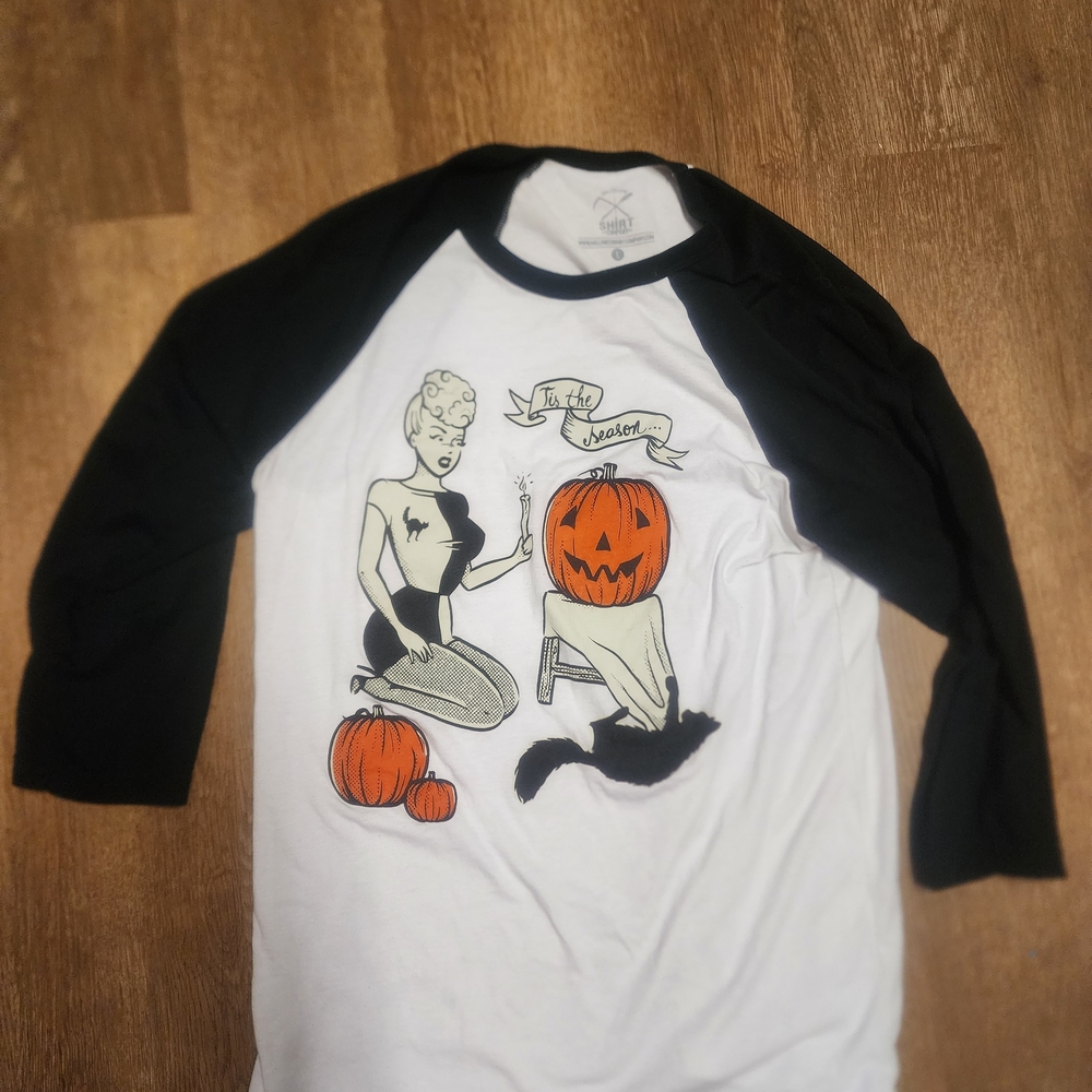 Pinup Halloween Black and White Graphic Raglan Tee